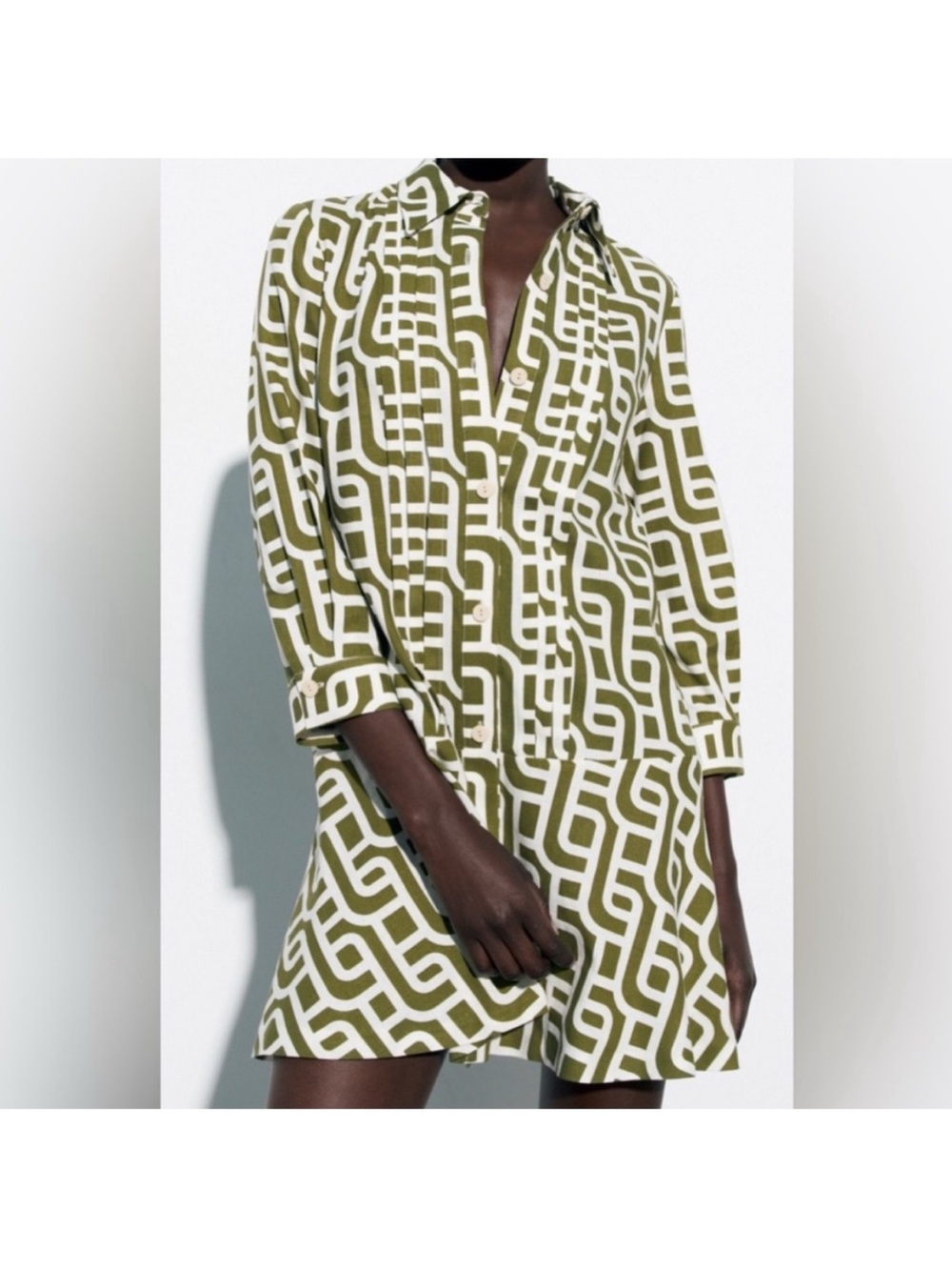Zara Olive Green and White Geometric mini Dress